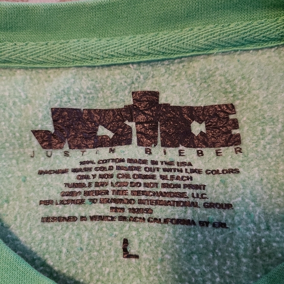 Justice Justin Bieber Green Ghost Beiber Sweatshirt Size Large - Picture 5 of 9